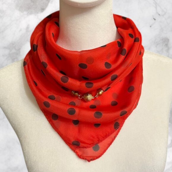 Red Polka Dot Sheer Scarf with Gold Bead Detail - Picture 4 of 4